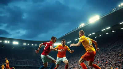 A Vålerenga Fotball player in a plain red kit, with a determined expression, clashes with a Brøndby opponent in a plain...