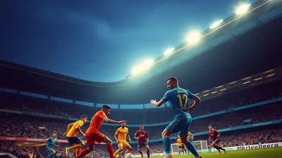 A dramatic mid-action shot of a Vålerenga-style side in plain blue and red kits battling on the lush green pitch of AJ...