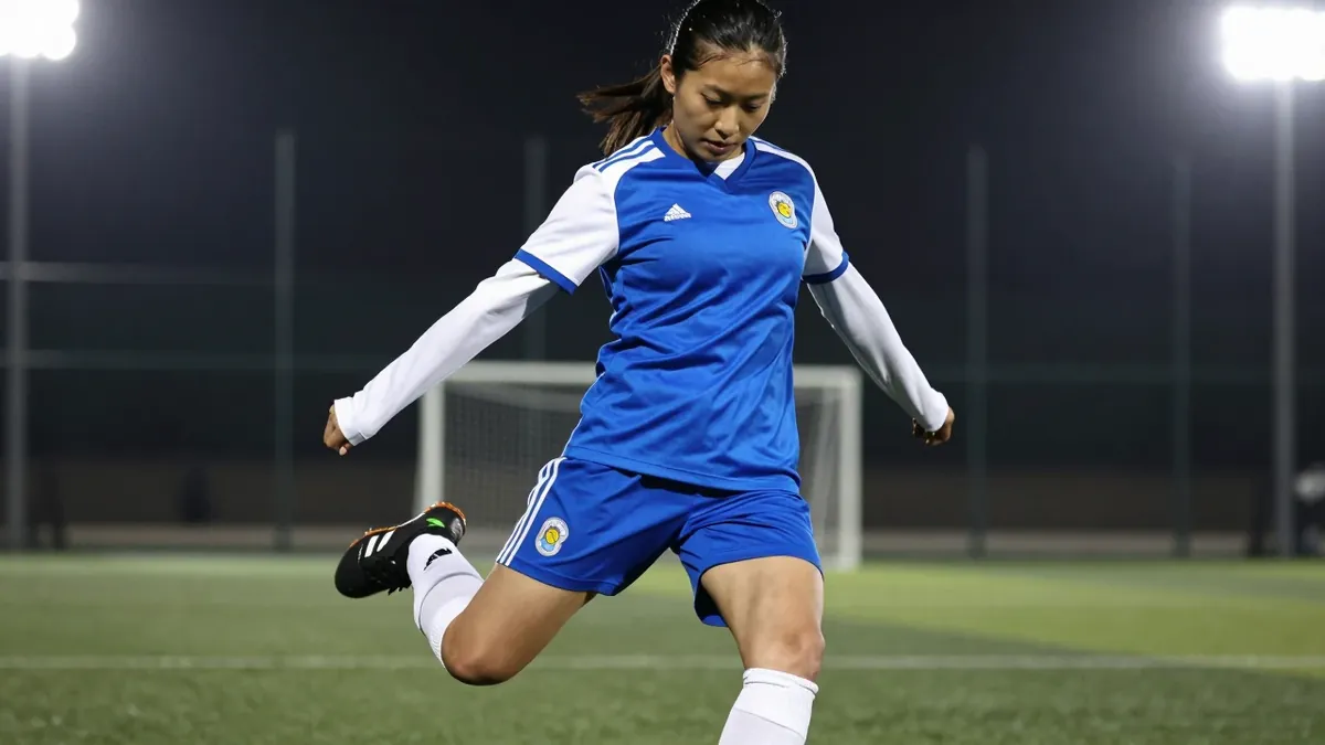 A tight action crop of a young female player in a blue kit with white sleeves and white socks, her face visible and her...