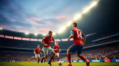 Under overcast skies, a Vålerenga player in a plain red kit celebrates scoring, arms raised, amidst blurred teammates and...