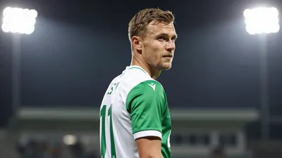 A photorealistic image of a 31-year-old, 5'10" (178 cm) tall, male, Vålerenga Fotball player, wearing a green and white...
